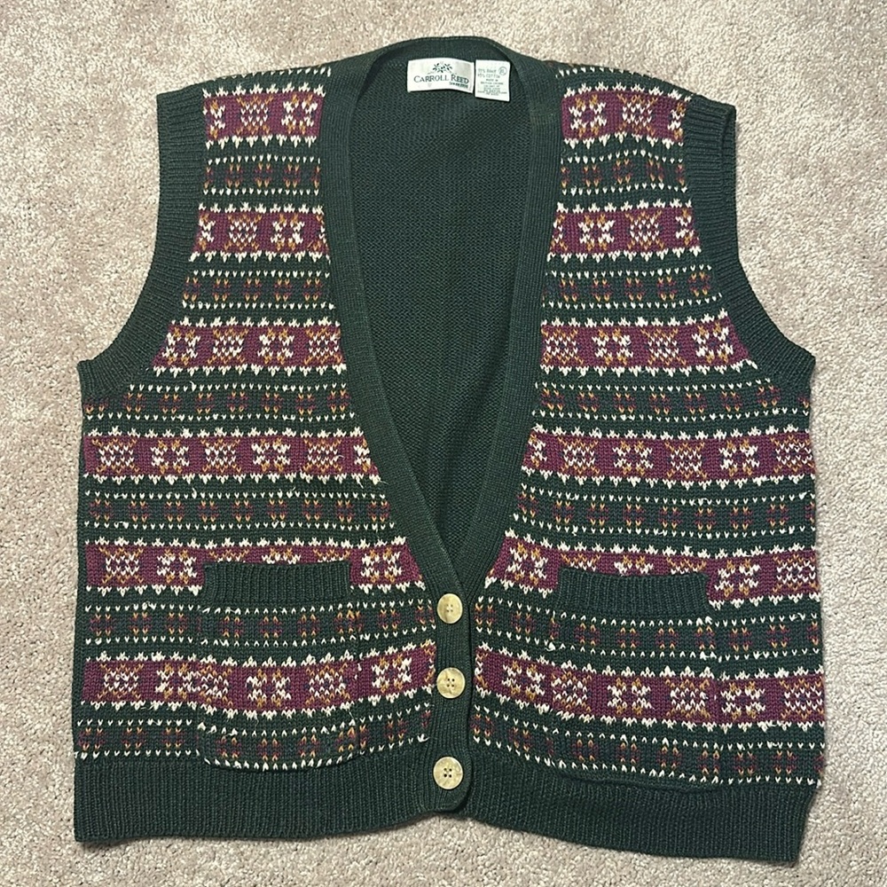 Vintage Carroll Reed Sweater Vest, 3 buttons, forest green, XL